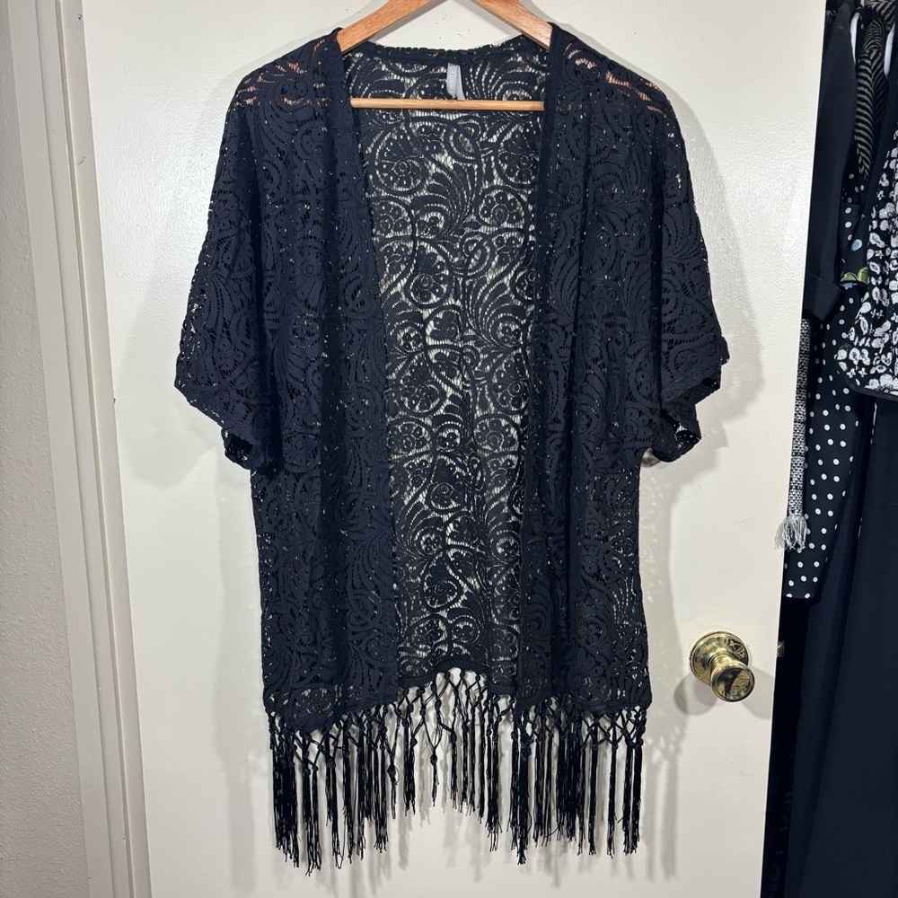 Vanity Y2K Black Lace Cover-Up Kimono with Fringe Size L